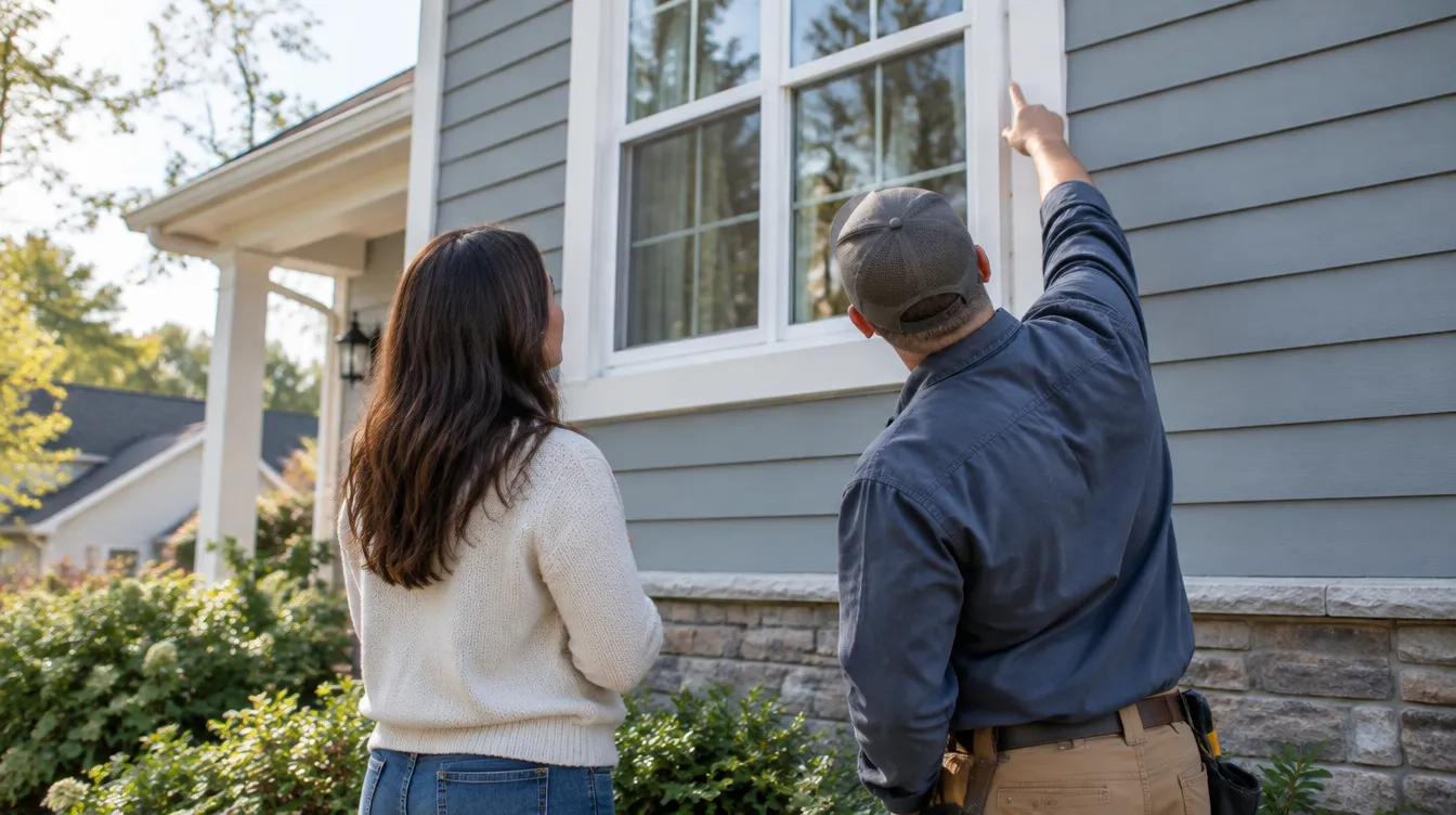 Homeowner and contractor looking up at a window together outside a house