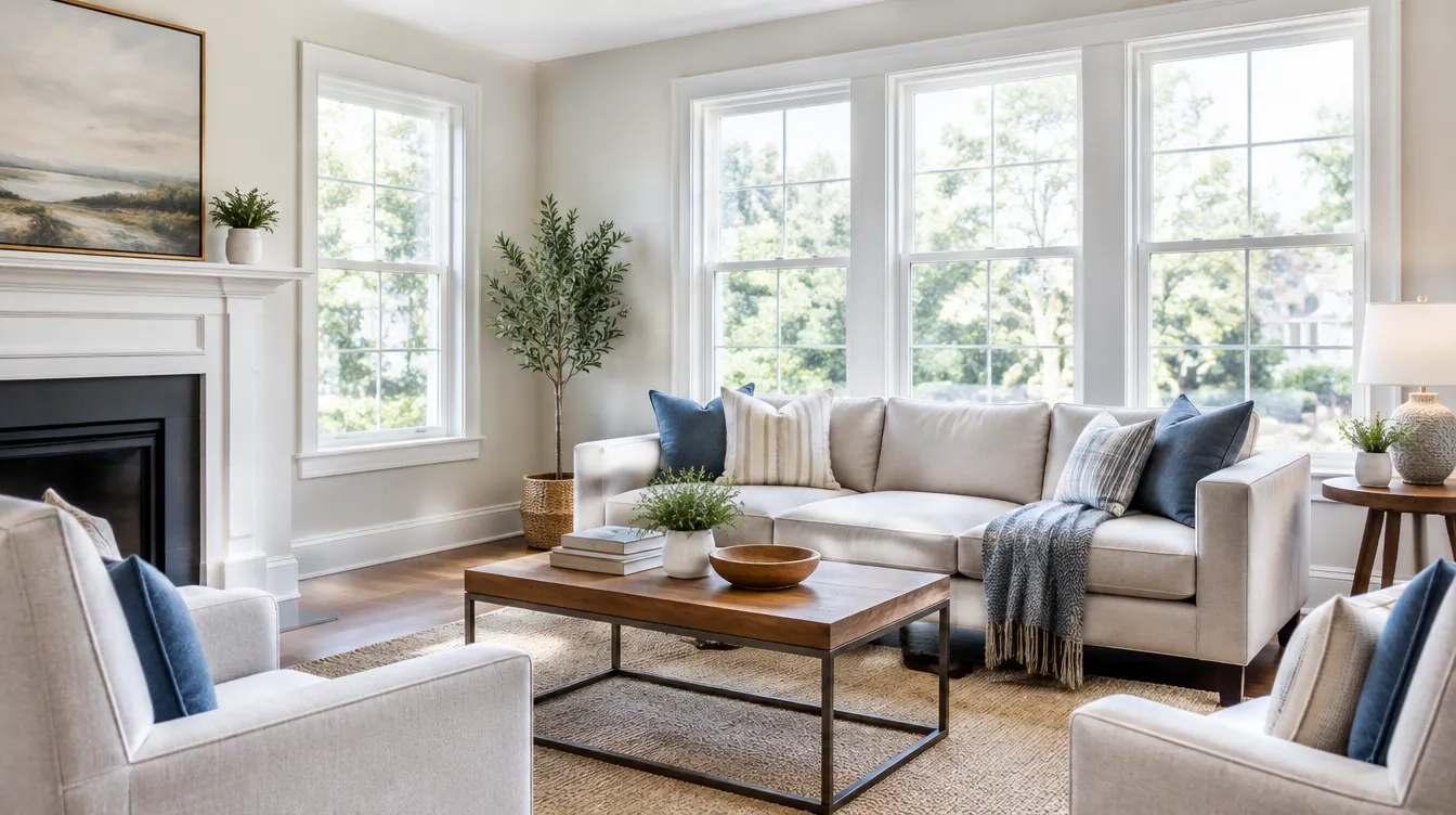 Bright living room with new double-hung vinyl windows letting in natural daylight