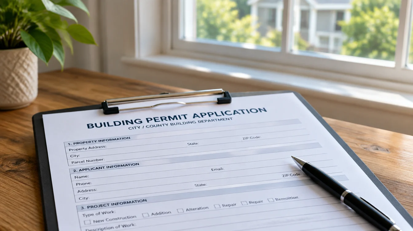 Homeowner reviewing a permit application form with a window visible in the background