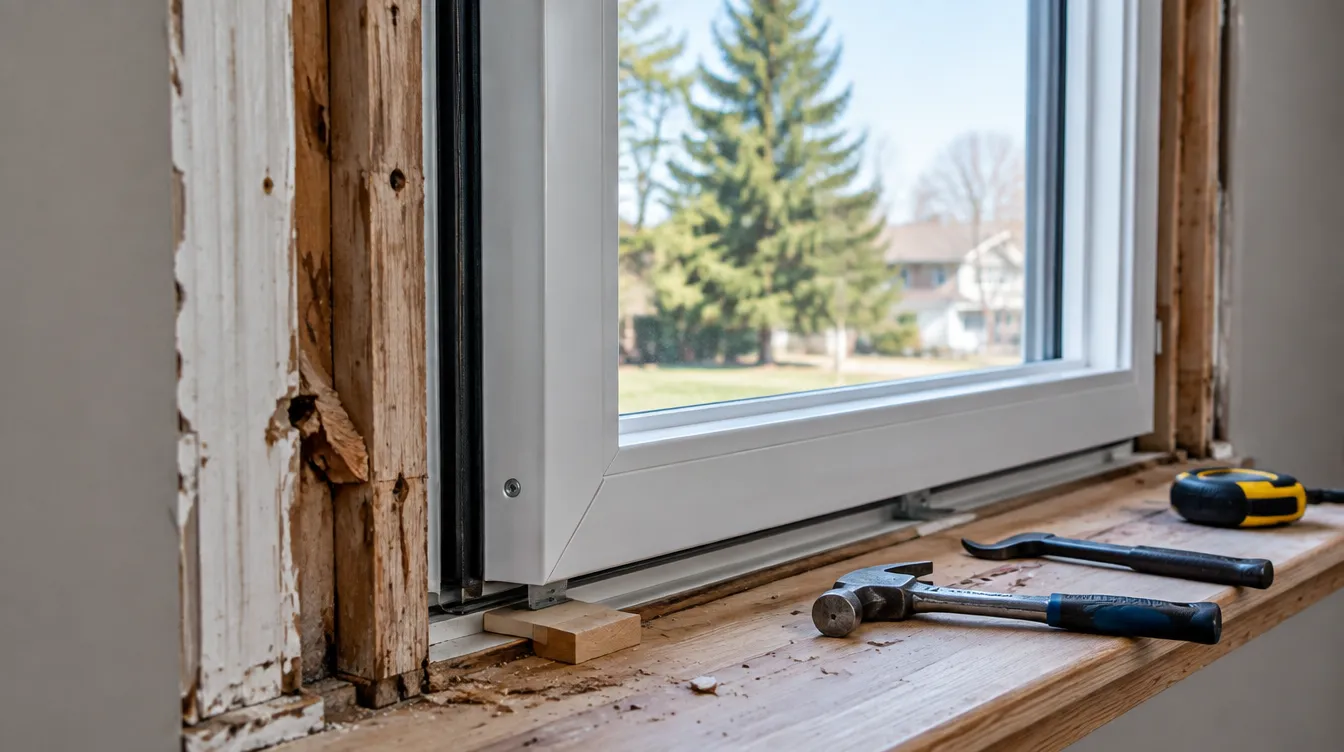 Close-up of a window installation in progress with the old frame partially removed