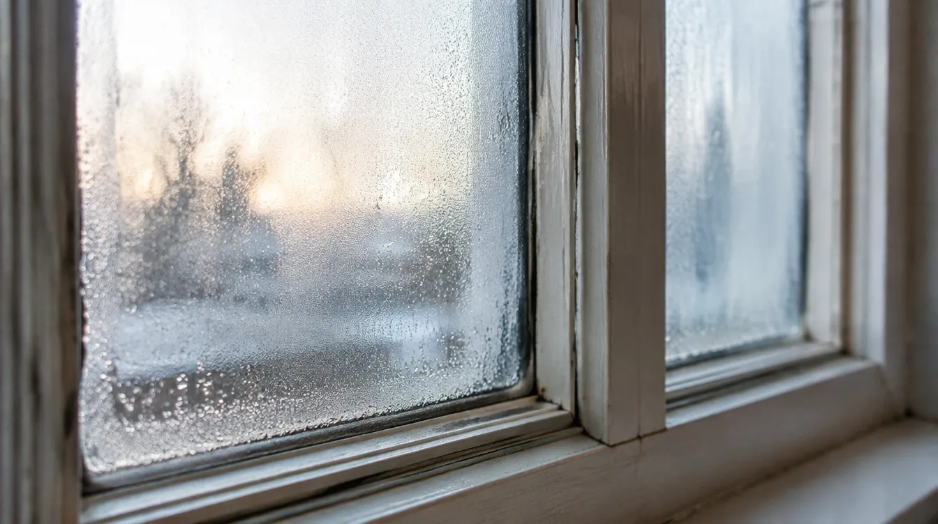 Close-up of an older window frame showing condensation and fogging between the glass panes