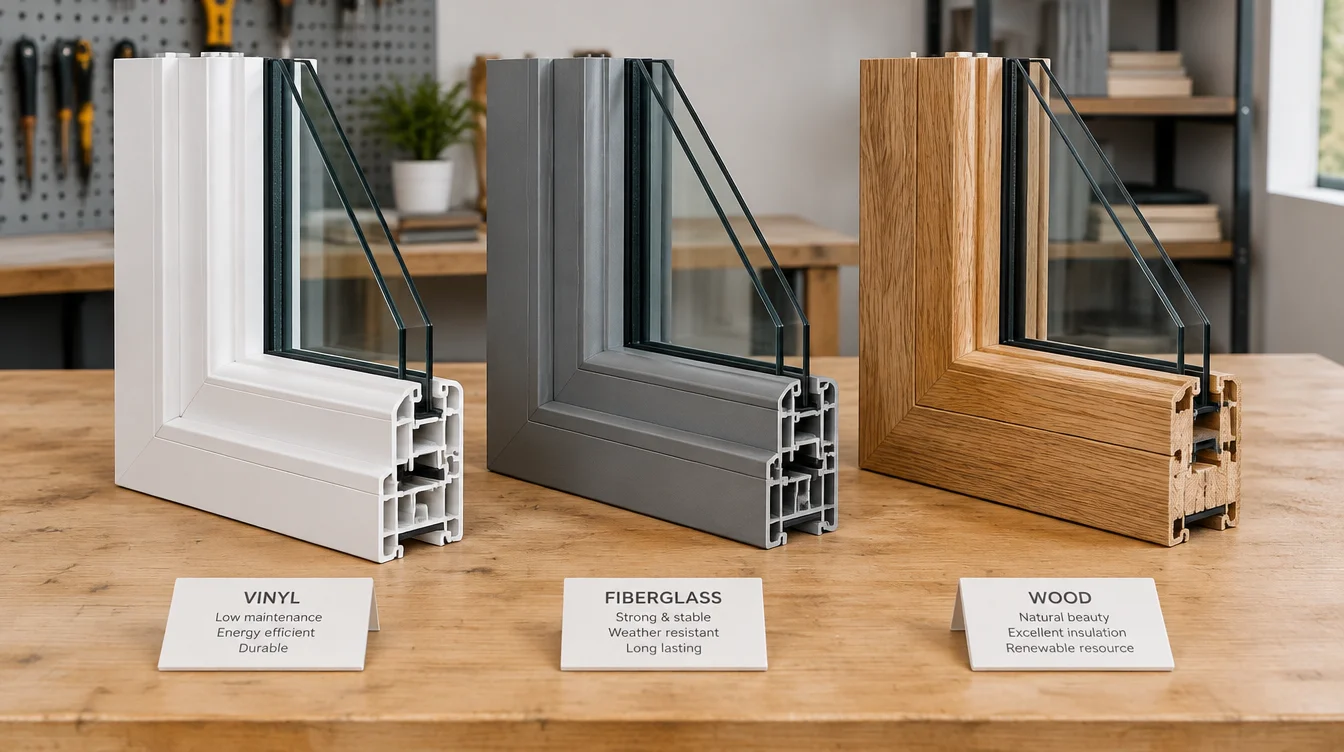 Three window frame material samples — vinyl, fiberglass, and wood — displayed side by side