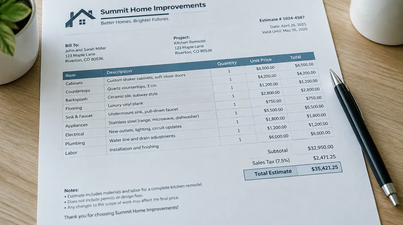 Itemized home improvement quote document on a clipboard
