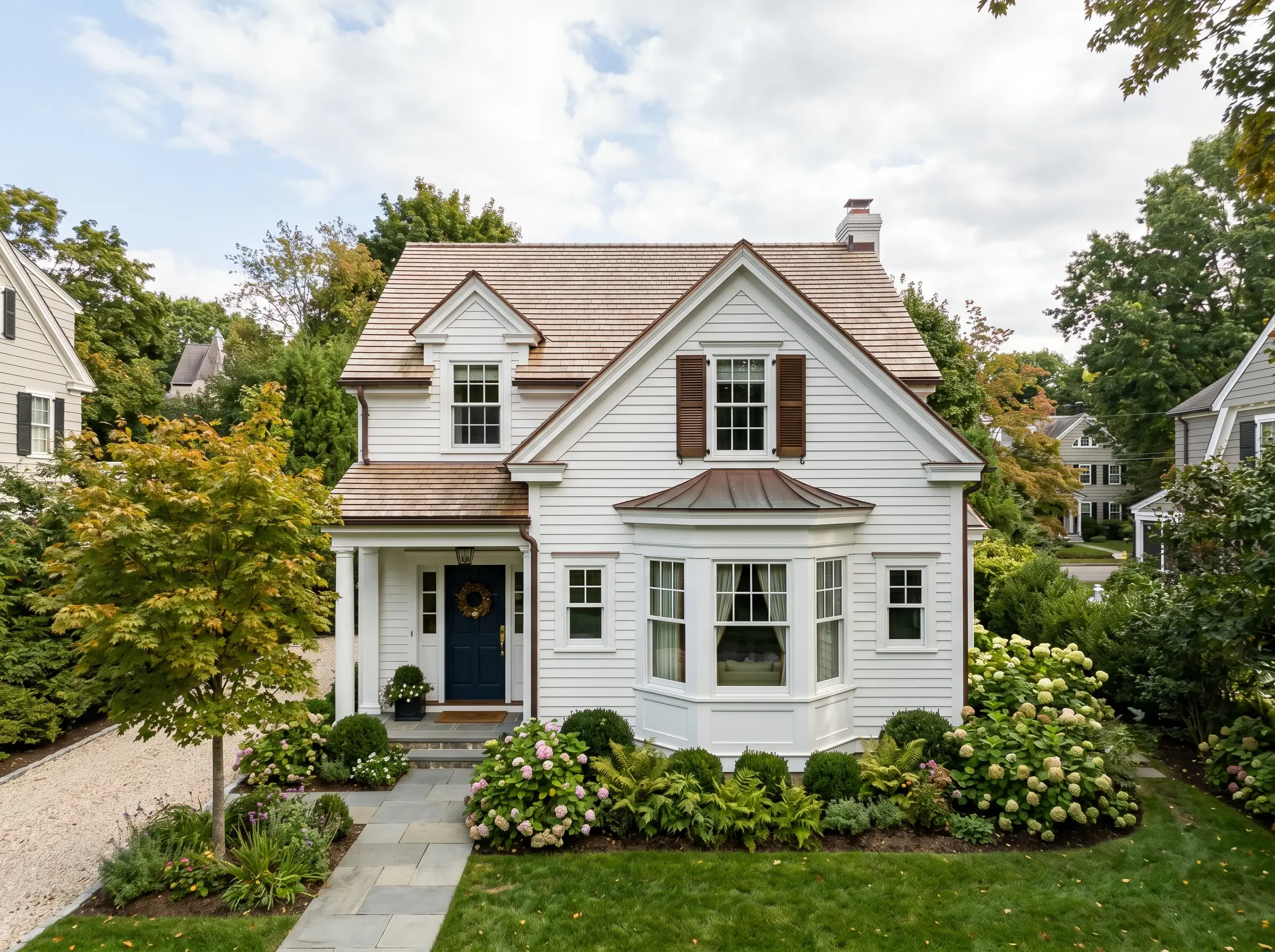 Charming traditional home with a curved three-pane bay window on the front facade
