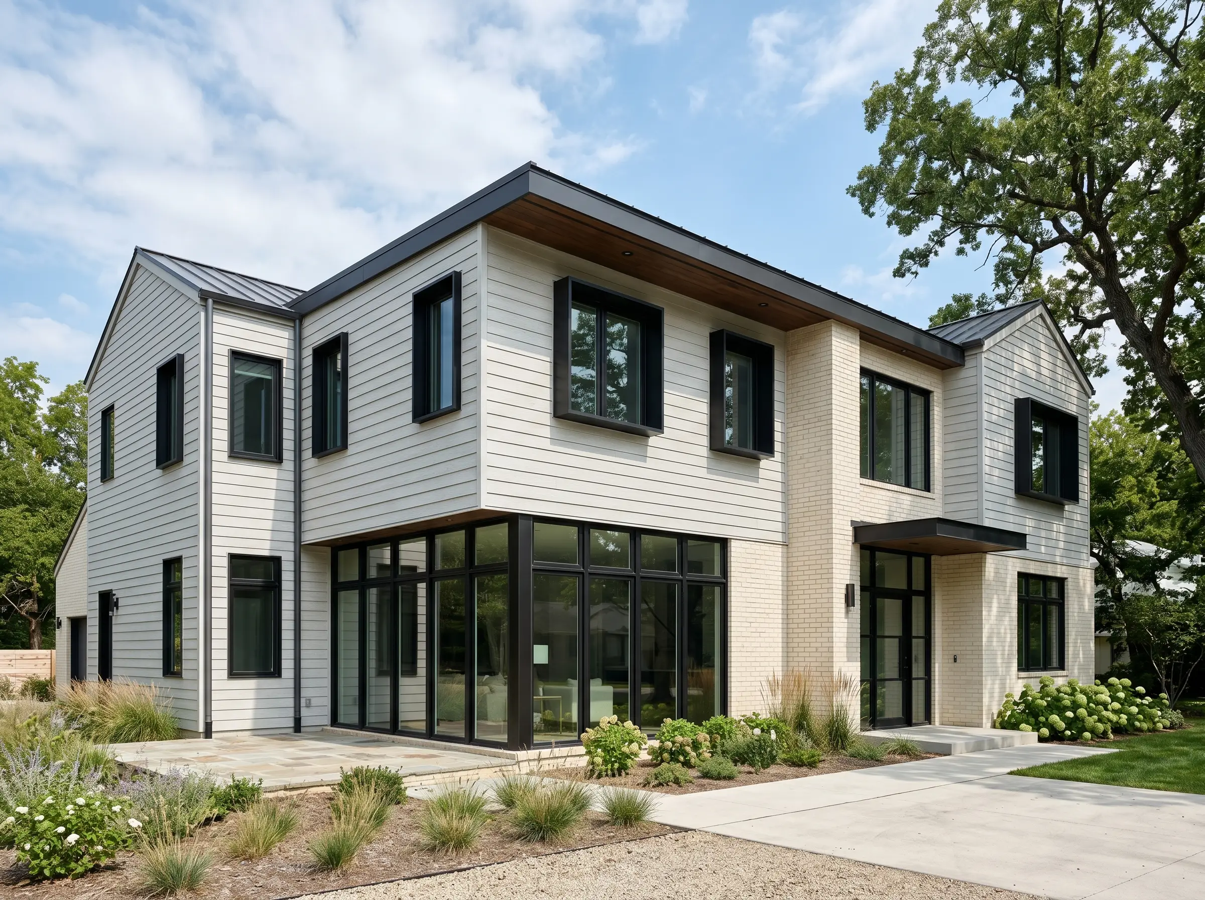 Modern home with sleek black-framed windows against light siding