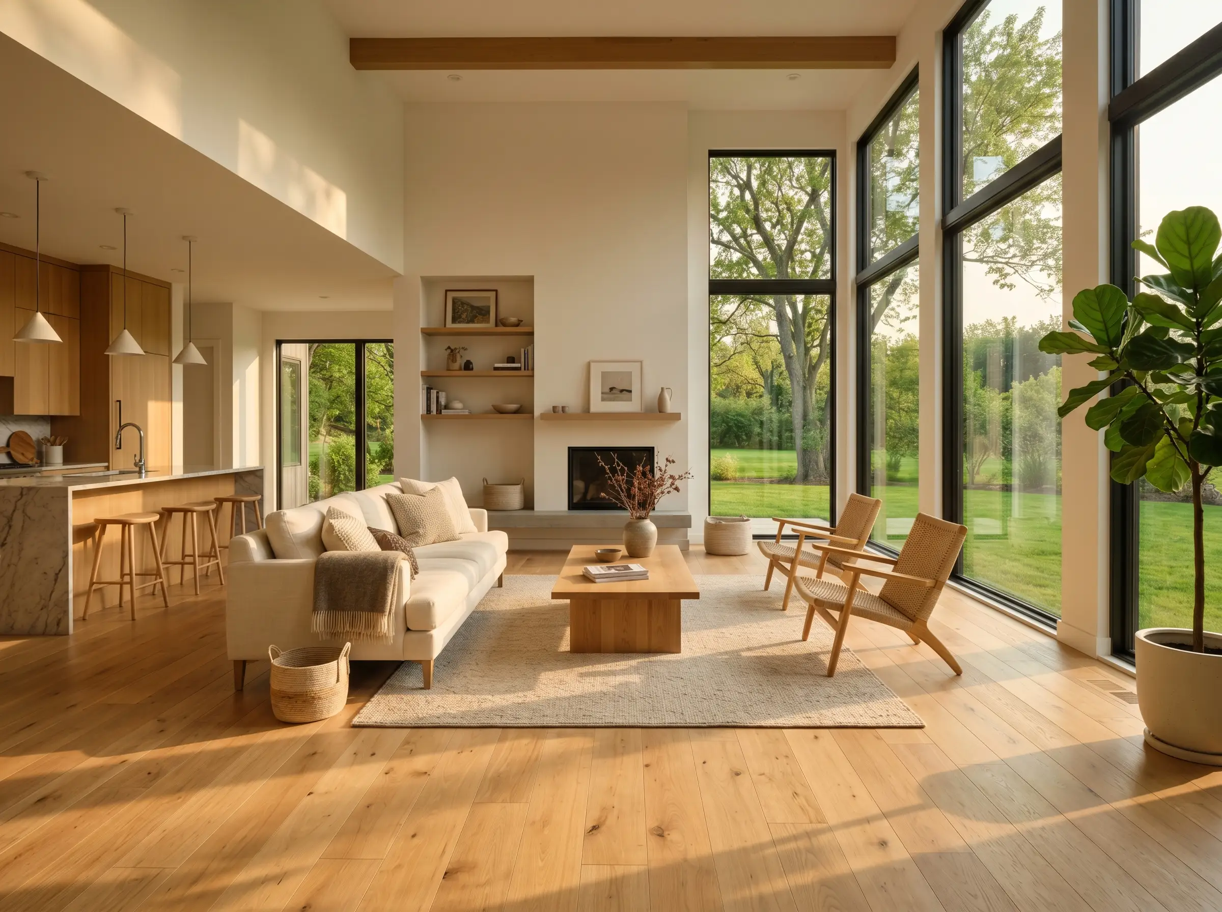 Great room interior with floor-to-ceiling picture windows and warm natural light