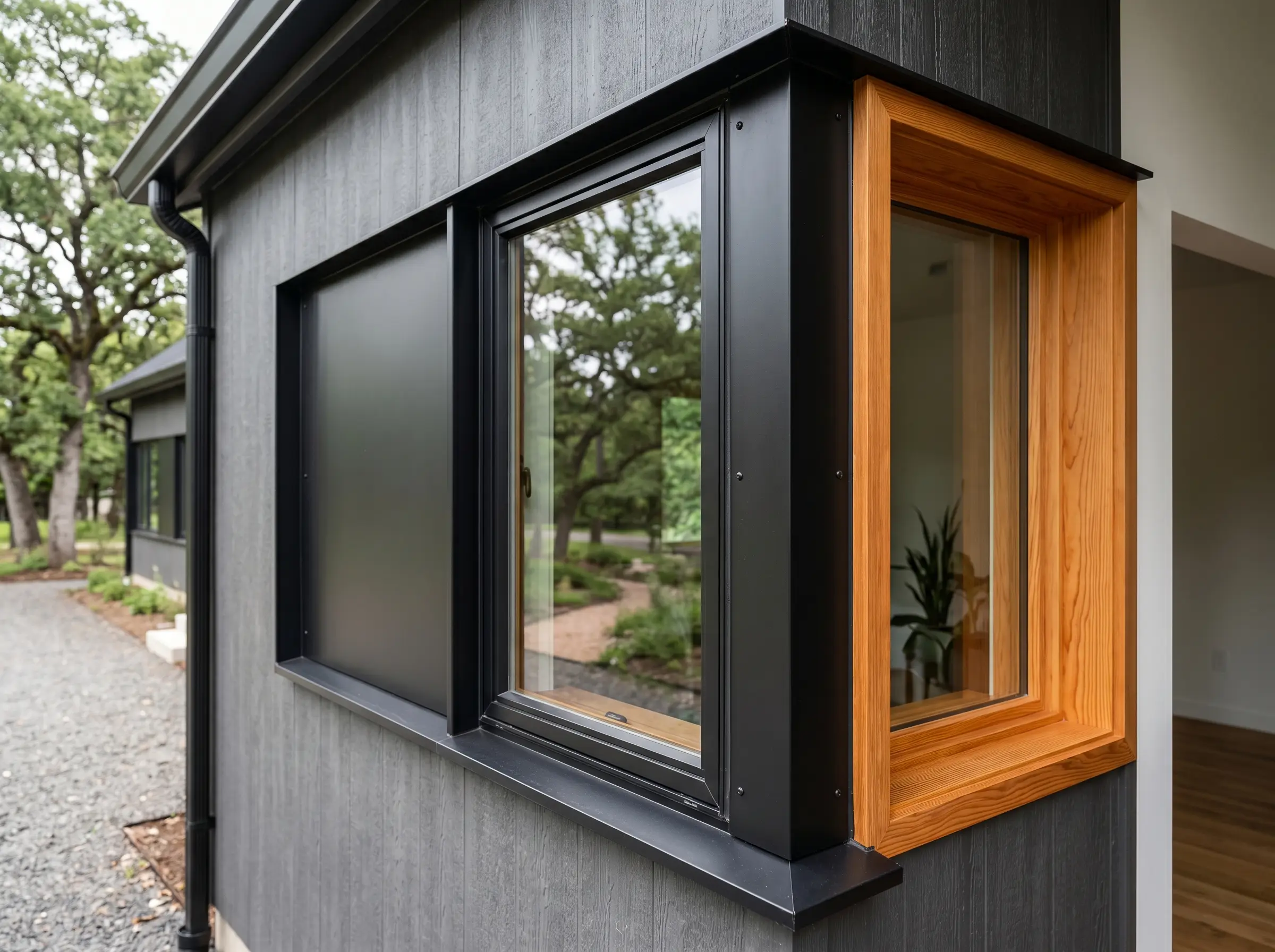 Contemporary window with warm wood interior trim and black metal exterior cladding